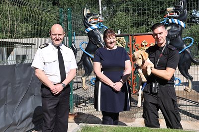 Chief Constable Craig Guildford, PCC Caroline Henry, PC Sills and Police Dog Buddy