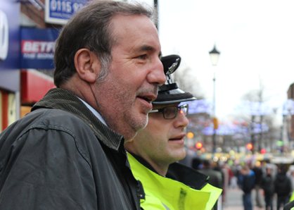 Paddy Tipping with Officer in Worksop