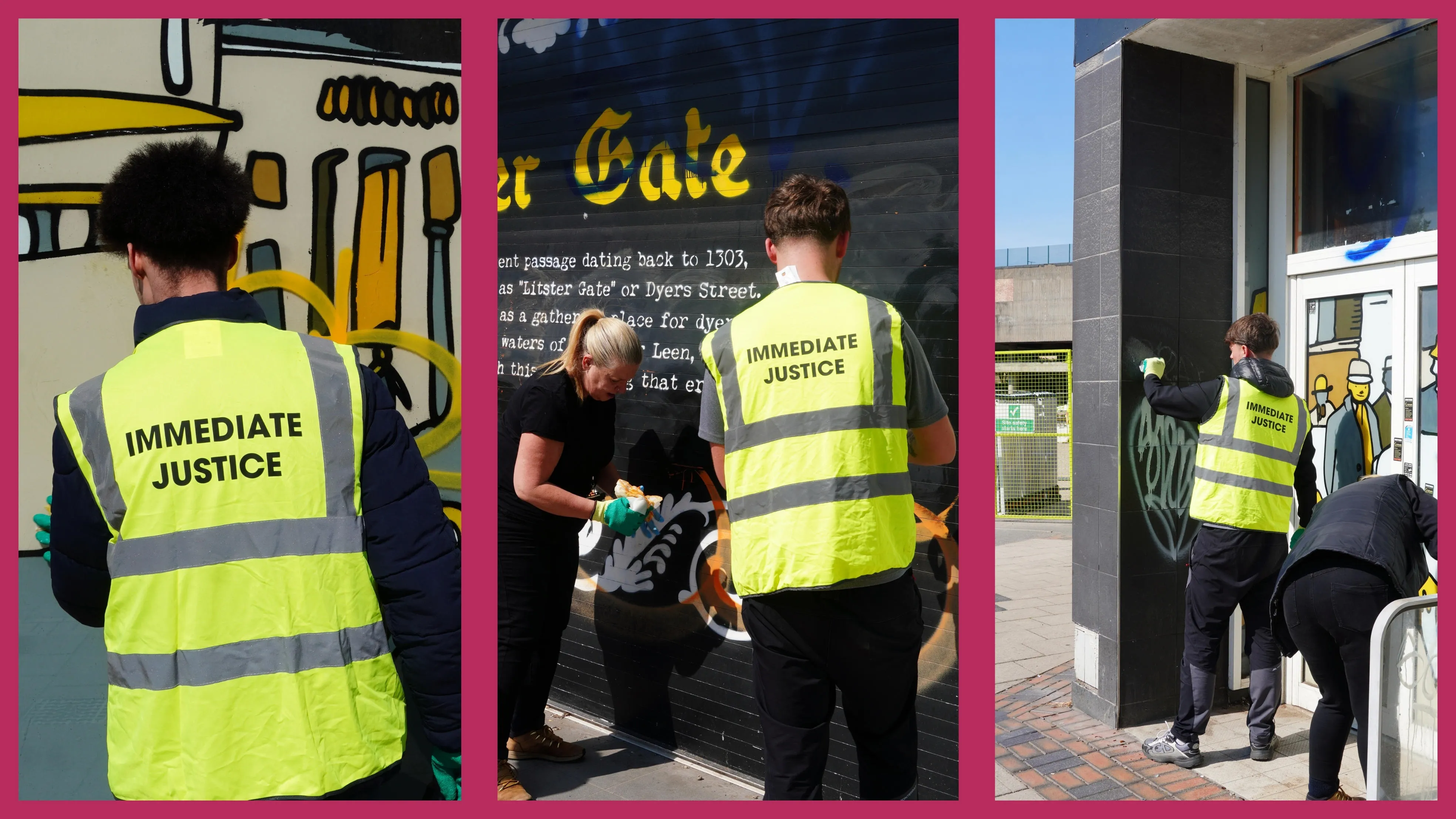 Immediate Justice service users cleaning off graffiti on Lister Gate