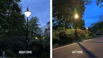 An image showing the before and after of the upgraded street lighting at Arnot Hill Park