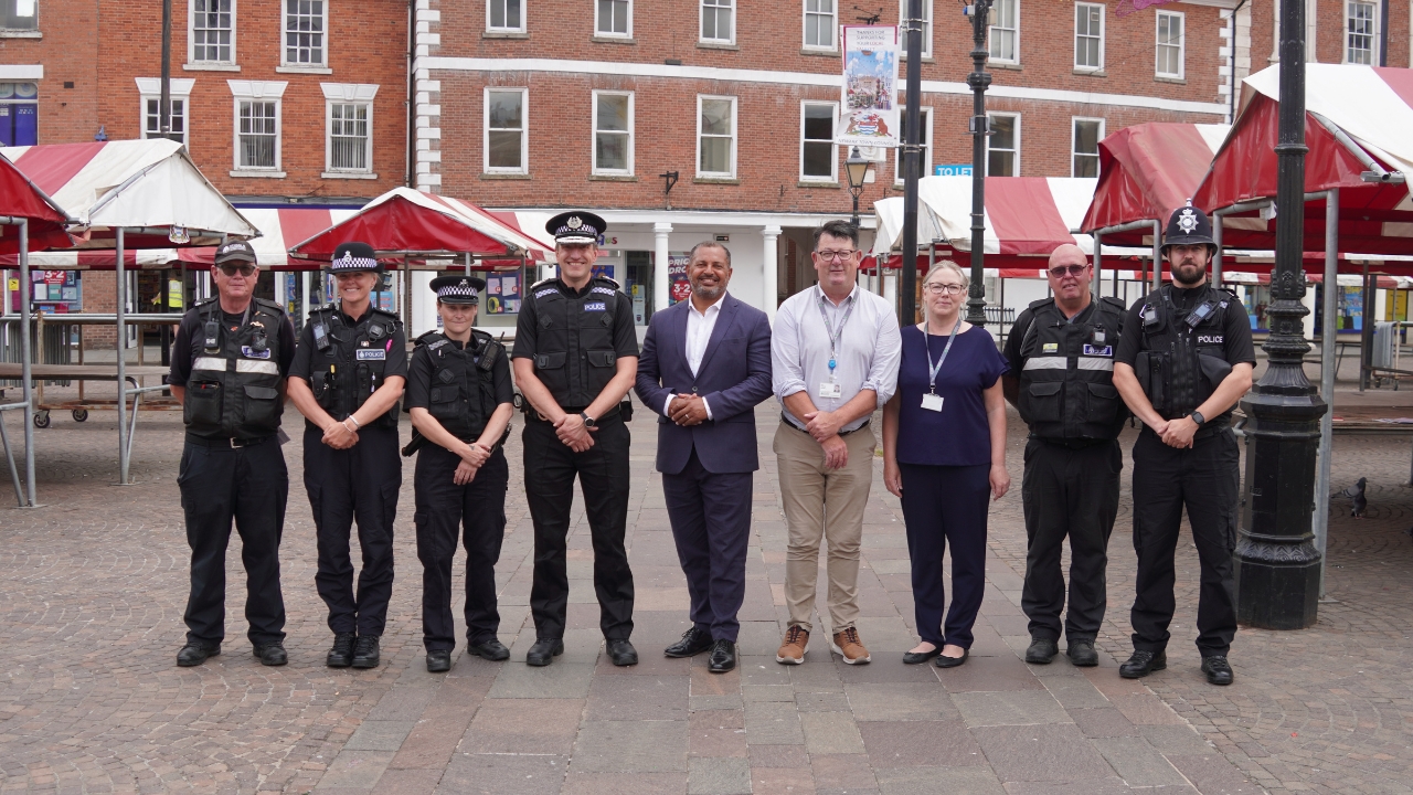 PCC Godden alongside Temporary Chief Constable Steve Cooper and NSDC Leader Paul Peacock in Newark Market