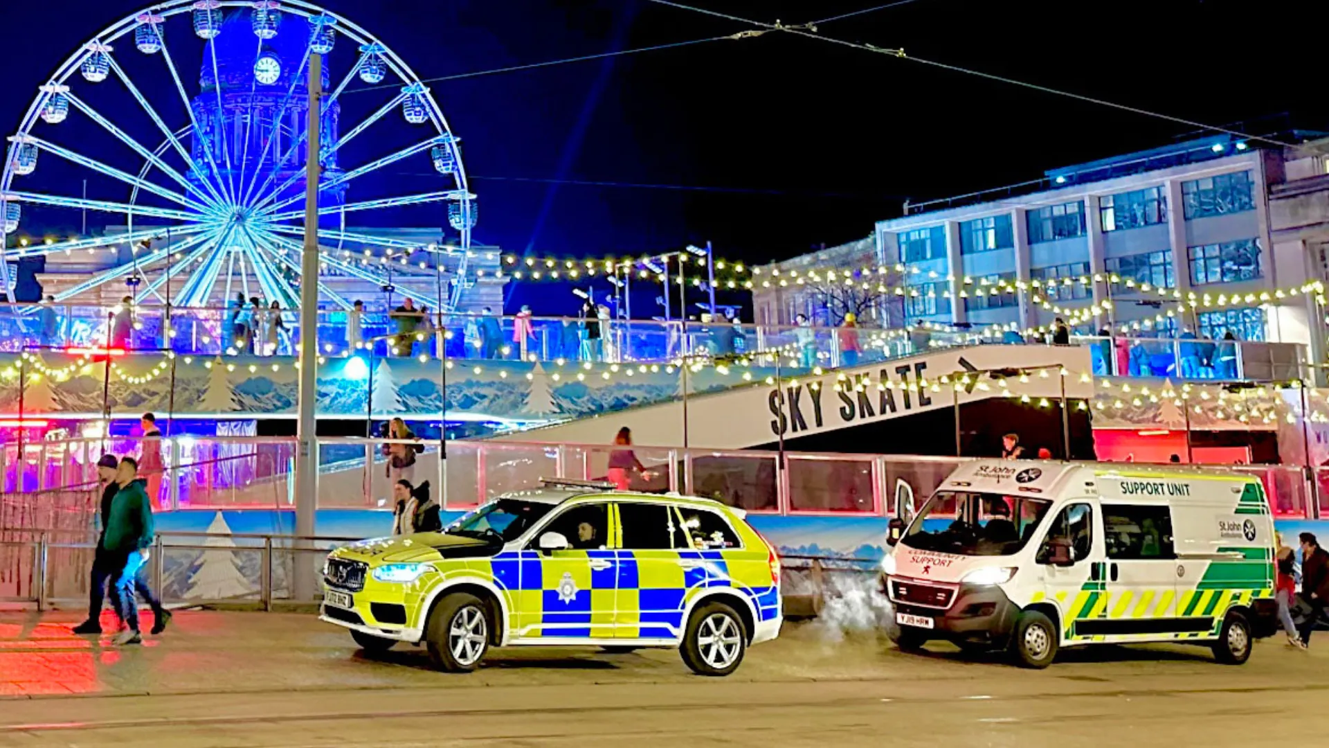 Emergency service vehicles close to Nottingham Christmas market