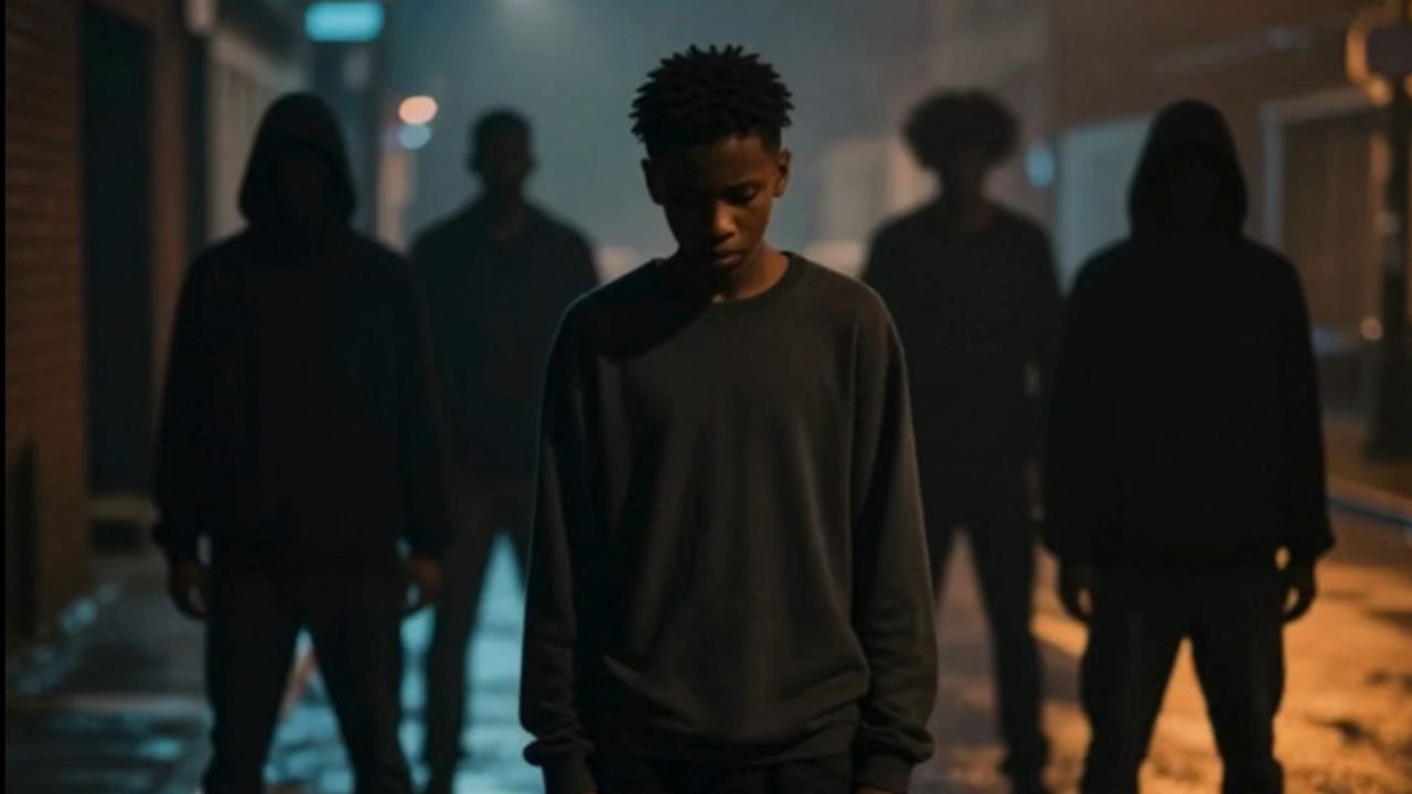 An image of a young man in an urban street setting feeling unsettled while being pressured by his peers. 