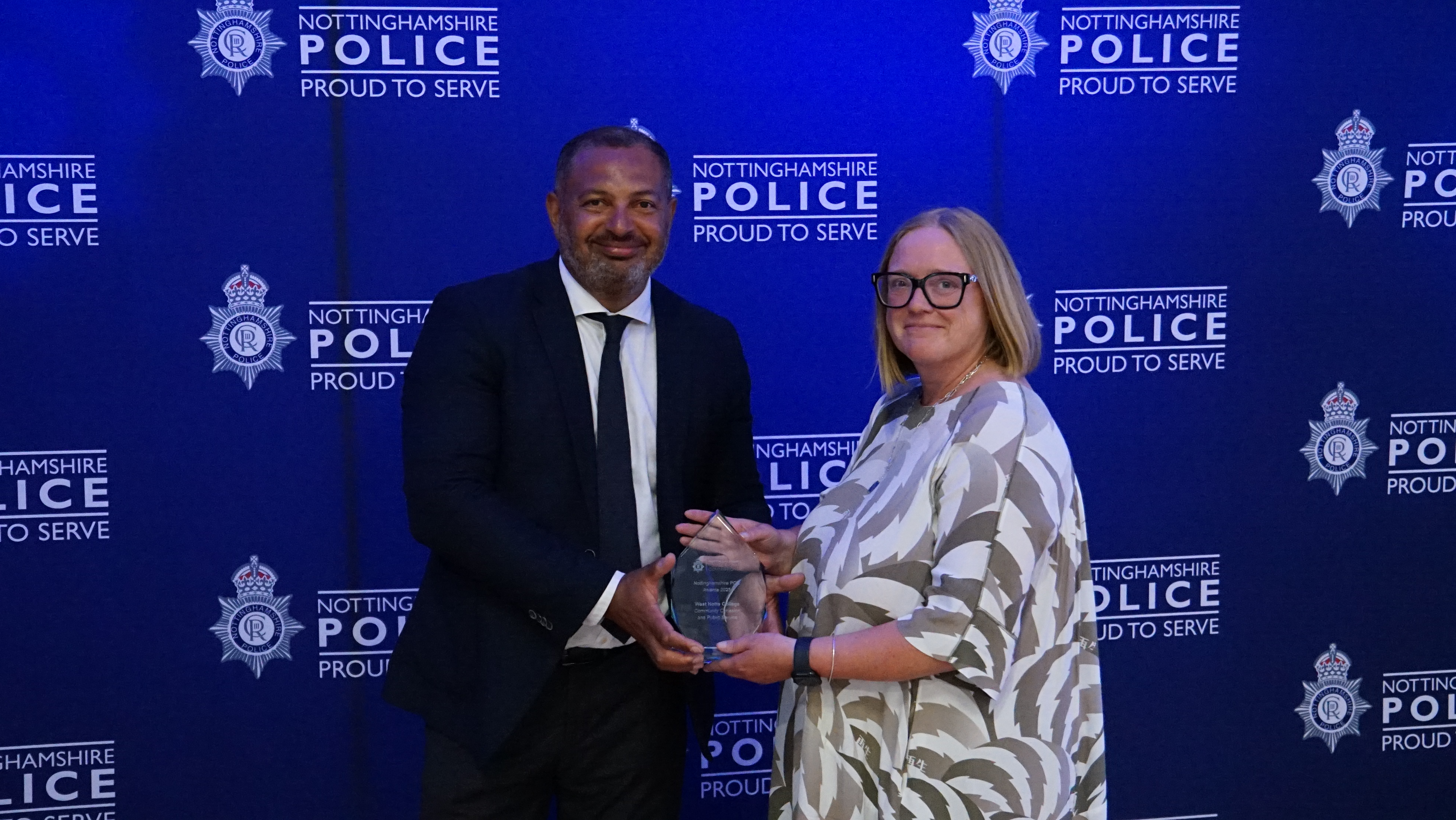 PCC Gary Godden presents the Community Cohesion and Public Service Award to Louise Knott, of West Notts College