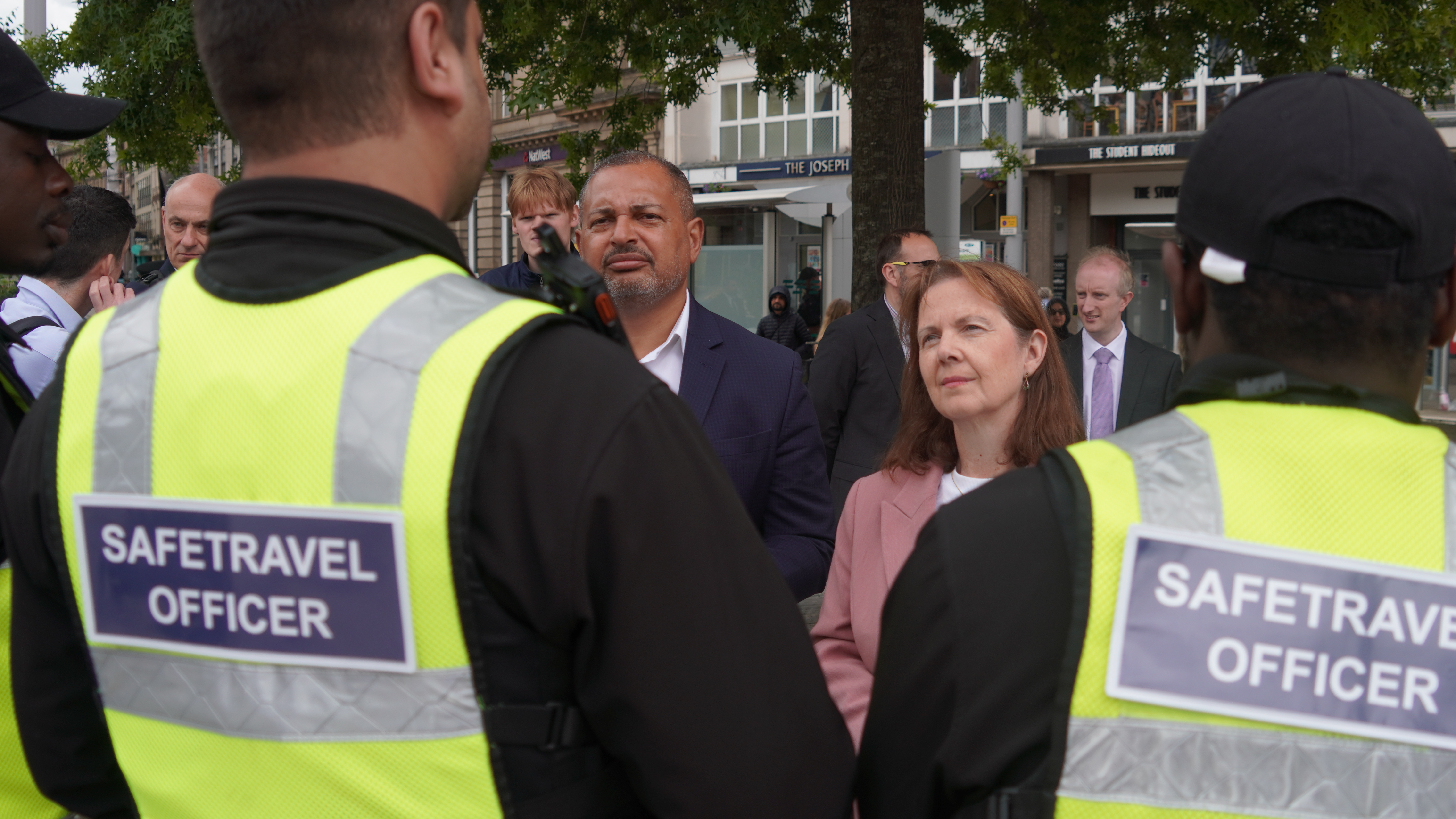 PCC Gary Godden and Mayor Claire Ward with some of the Operation SafeTravel officers