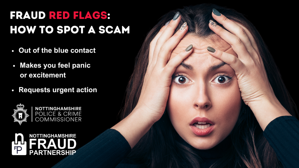 Awareness raising poster for the Red Flags of Fraud campaign. Campaign poster warning people to beware of the red flags of fraud.