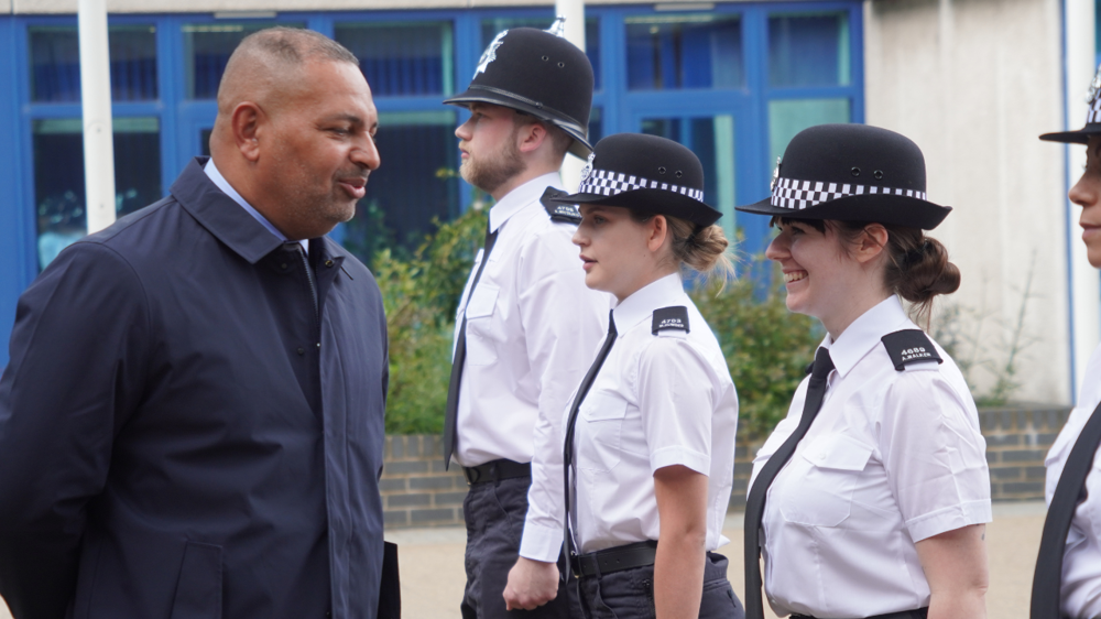 PCC Gary Godden speaking to new recruits at a passing out parade. PCC Gary Godden speaking to new recruits at a passing out parade.