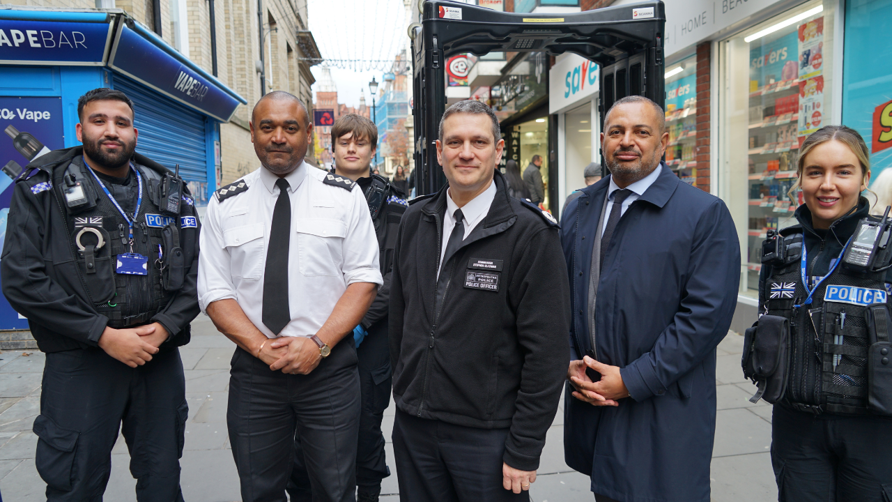 Commander Stephen Clayman (centre) with PCC Gary Godden and local officers. Commander Stephen Clayman (centre) with PCC Gary Godden and local officers.